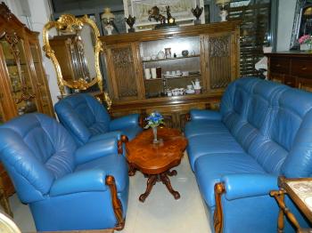 set 3.1.1 din piele naturala integral si lemn cires...turcuoaz.,.,fotoliile au reclainer